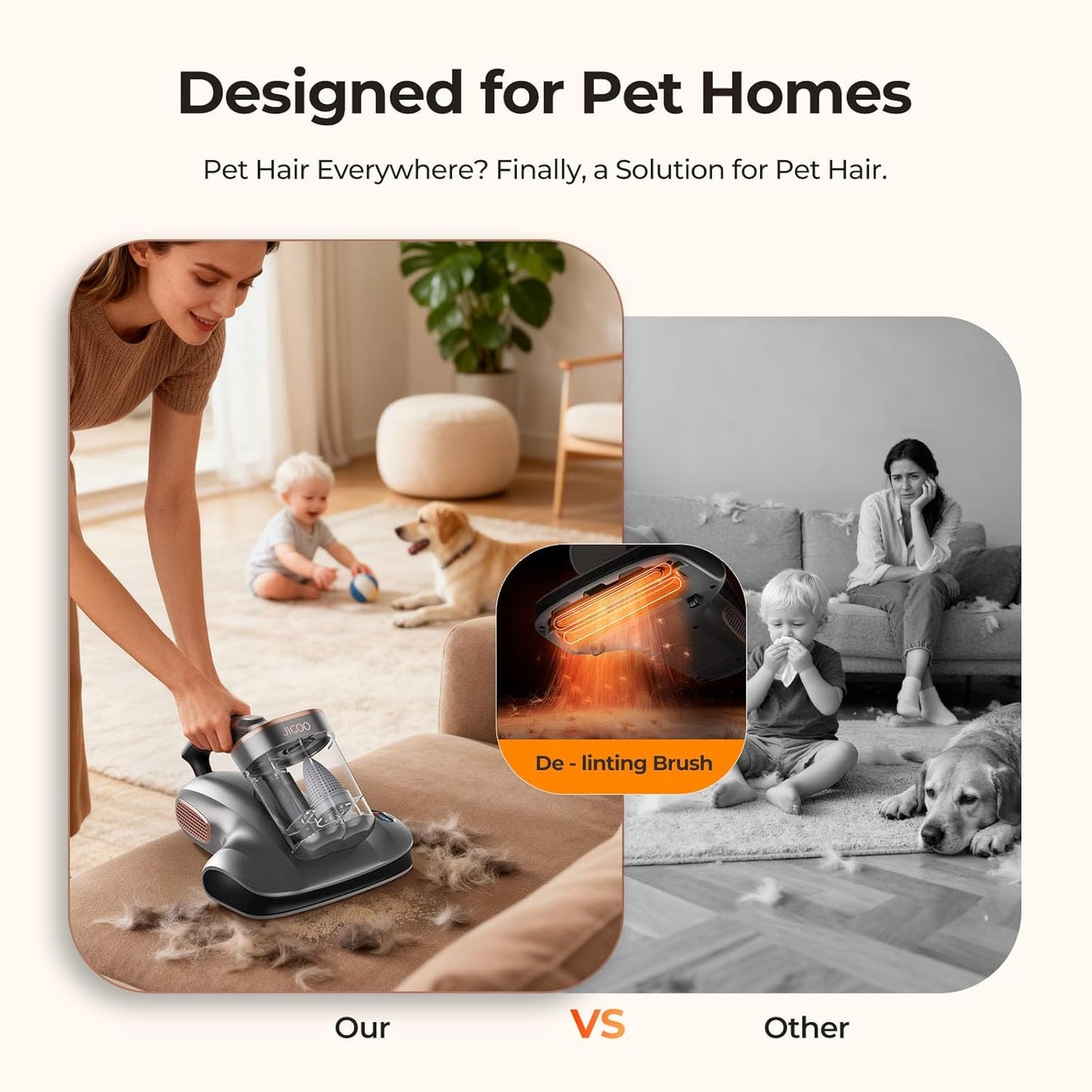 JIGOO Mattress Vacuum Cleaner with UV-C Light, Bed Vacuum Cleaner with Dust Sensor, Ultrasonic and High Heating, Deep Cleaning Bed Vacuum for Sofa Bed Fabric Surface (S100 Cordless)