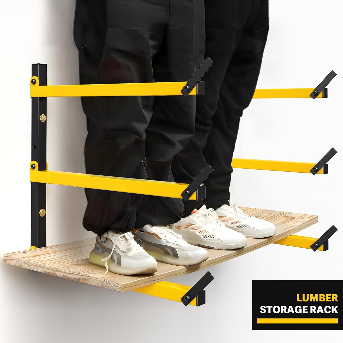 GREENER Lumber Storage Rack Folding Wood Storage Racks Wall-Mounted Metal Racks for Storage with 3-Level Heavy Duty Garage Wood Organizer for Woodworking Shop Indoor & Outdoor Use, 2 pairs,Yellow