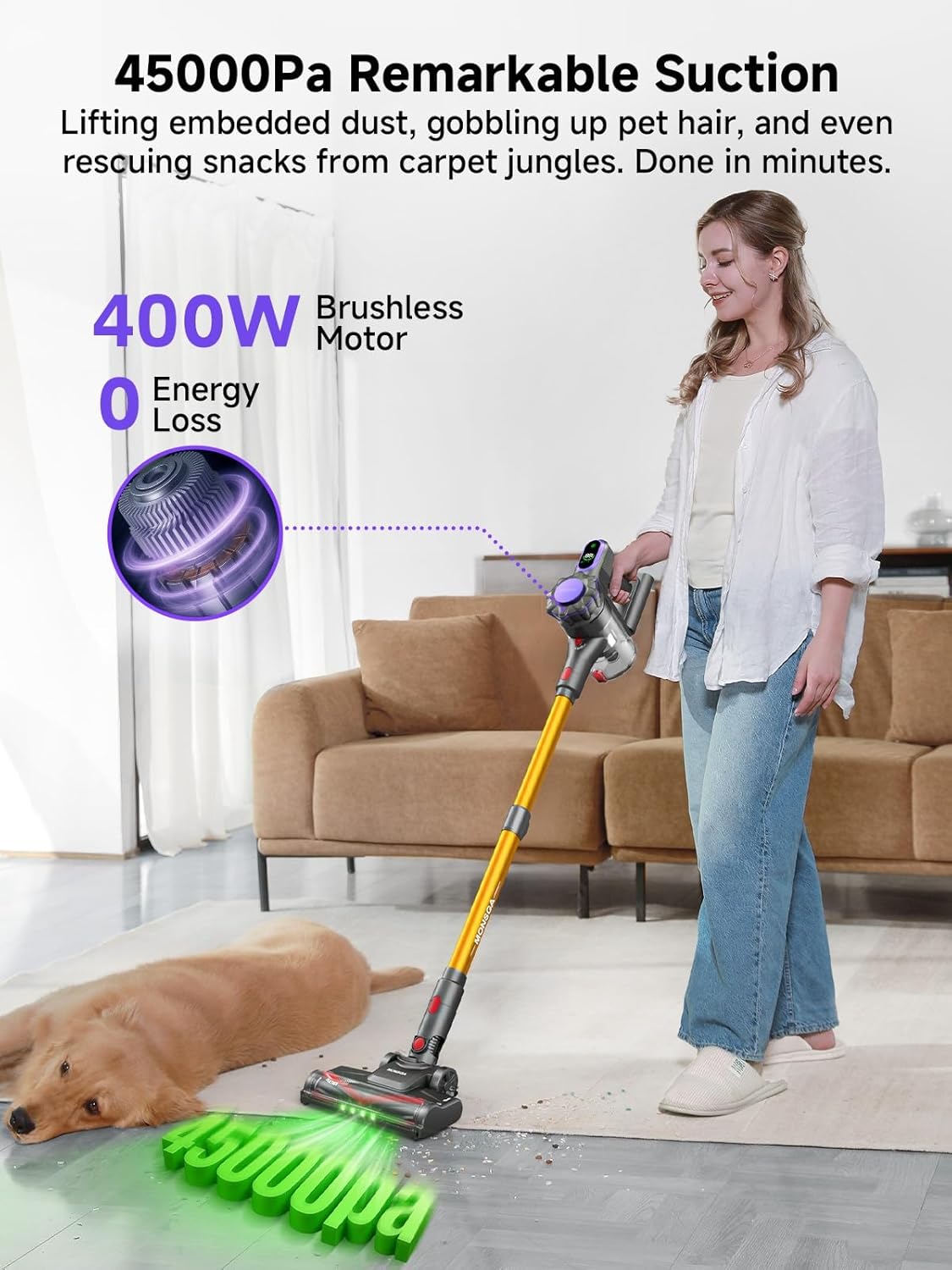 MONSGA Cordless Vacuum Cleaner, 45KPa 400W Stick Vacuum for Home, 50Mins Anti-Tangled Vacuum Cleaner with Charging Dock, Light-weighted Handheld Vacuum for Pet Hair/Carpet/Floor, LED Touch Display,MV3