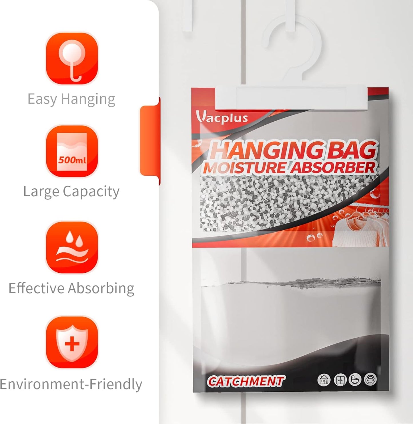 Vacplus Moisture Absorbers, Hanging Closet Dehumidifier Bags, Humidity Packs, Desiccant, Closet Dehumidifiers with Activated Charcoal, 10 Pack, 9.8 OZ