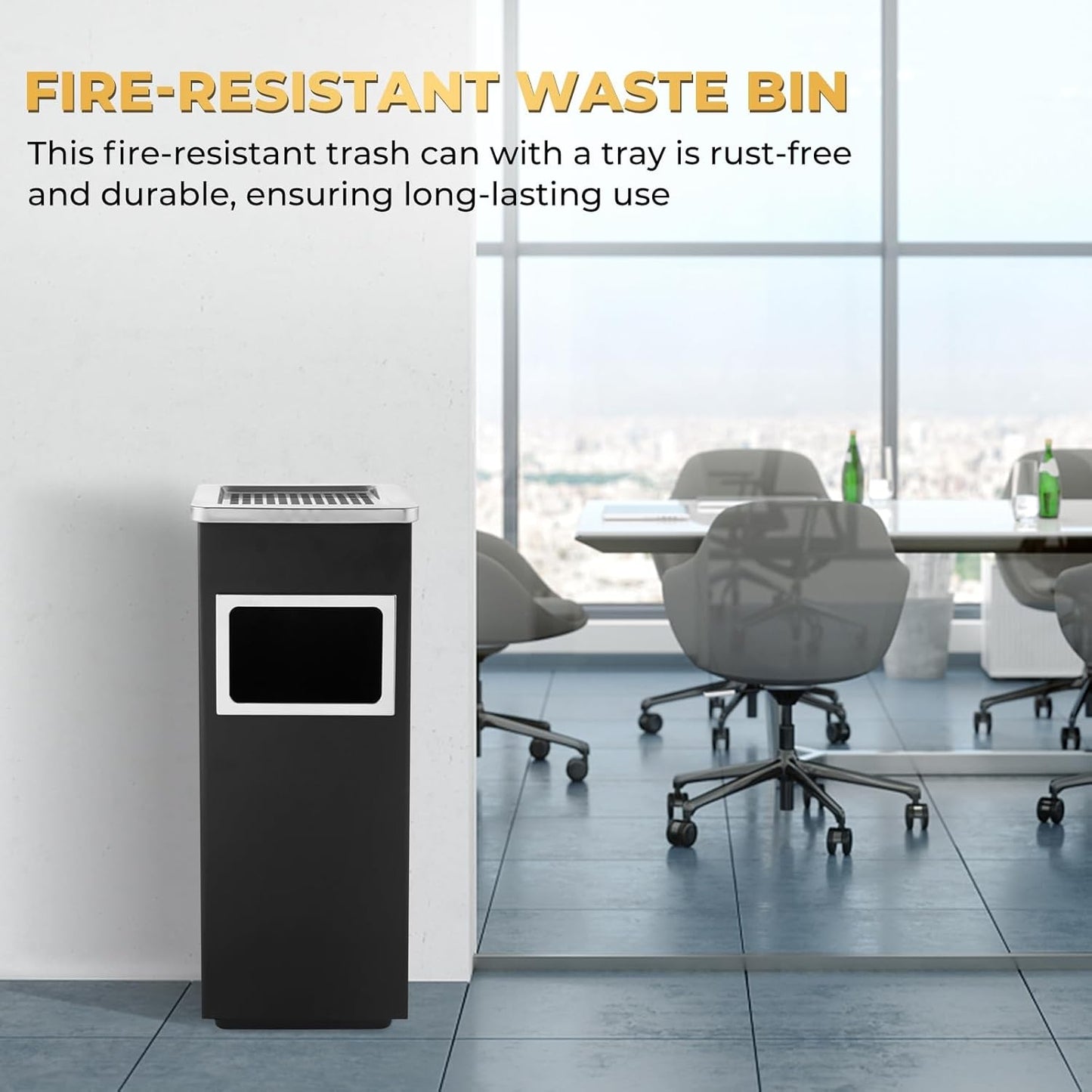 Trash Can Outdoor Waste Container Square Stainless Steel Trash Can with Removable Inner Bucket for Disposal Commercial Waste Container 9.45‘’ x 9.45‘’ x 24.02‘’-Black