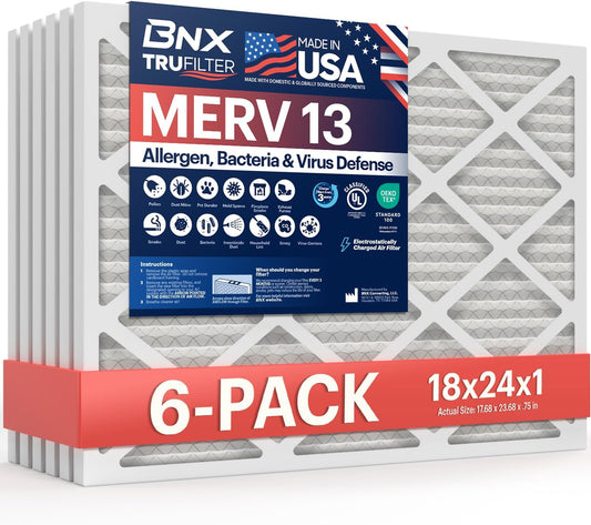 BNX TruFilter 18x24x1 Air Filter MERV 13 (6-Pack) - MADE IN USA - Electrostatic Pleated Air Conditioner HVAC AC Furnace Filters for Allergies, Pollen, Mold, Bacteria, Smoke, Allergen, MPR 1900 FPR 10