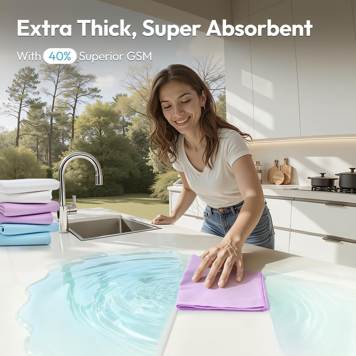 Nanoscale Microfiber Cloths 15.55”x 15.55”, Glass Window Mirror Stainless Steel Car Cleaning, Streak-Free, Lint-Free, Super Thick & Absorbent, Reusable, 6 Pack (White)