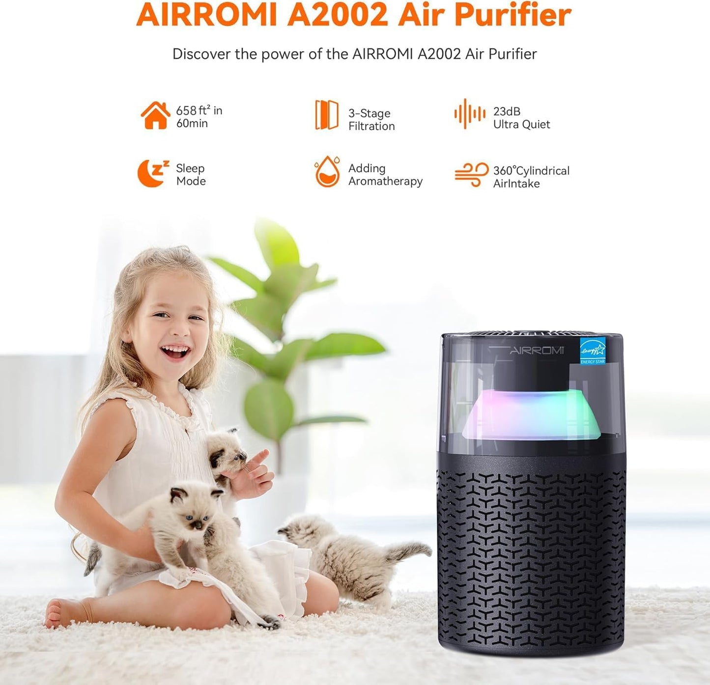 AIRROMI Air Purifiers for Bedroom Home,Up to 658 Ft²,Activated Carbon Filter Cleaner,With Fragrance Sponge for Better Sleep,Night Light,Pet Dander,Allergies,Smoke,Odor,Desktop Air Cleaner A2002 Grey