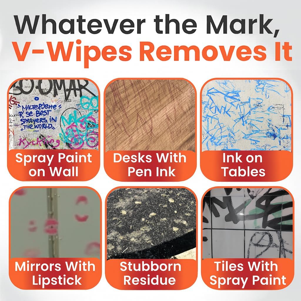 V-Wipes Graffiti Remover Wipes – Pre-Moistened Towels for Paint, Ink & Marker Removal – Non-Toxic, Biodegradable, Non-Scratching, Quick Clean-Up (Pack of 1)