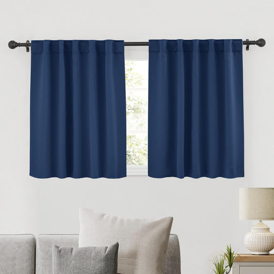 RYB HOME Blackout Kitchen Curtains, Thermal Insulated Back Tabs Window Curtain Room Darkening Shades Ideal Match for Bathroom Basement RV, Navy, Width 42 inch x Length 36 inch, 2 Panels Set