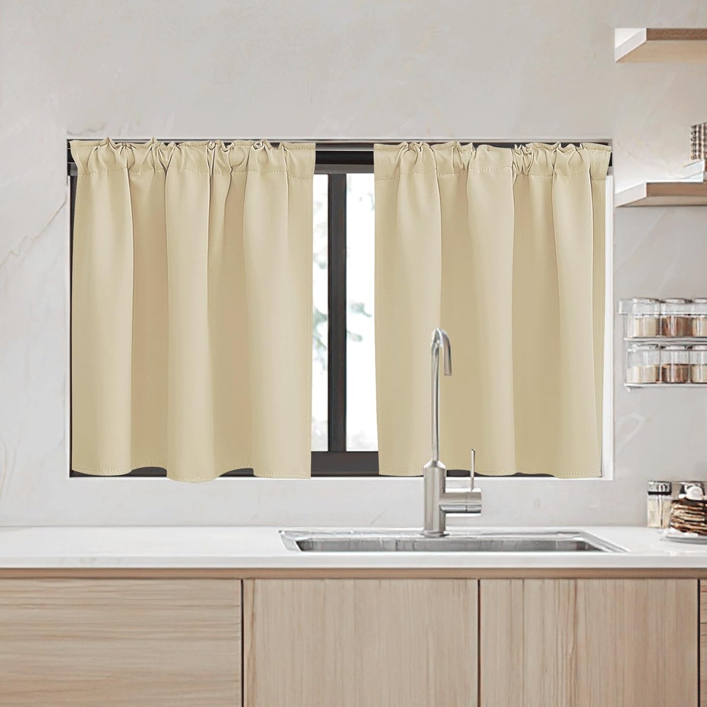 RYB HOME Small Window Curtains - Blackout Insualting Privacy Curtains for Kids Bedroom Kitchen Bathroom Basement Cafe Cabinet Tiers Drapes, 34 Width x 24 Length, 2 Panels, Biscotti Beige