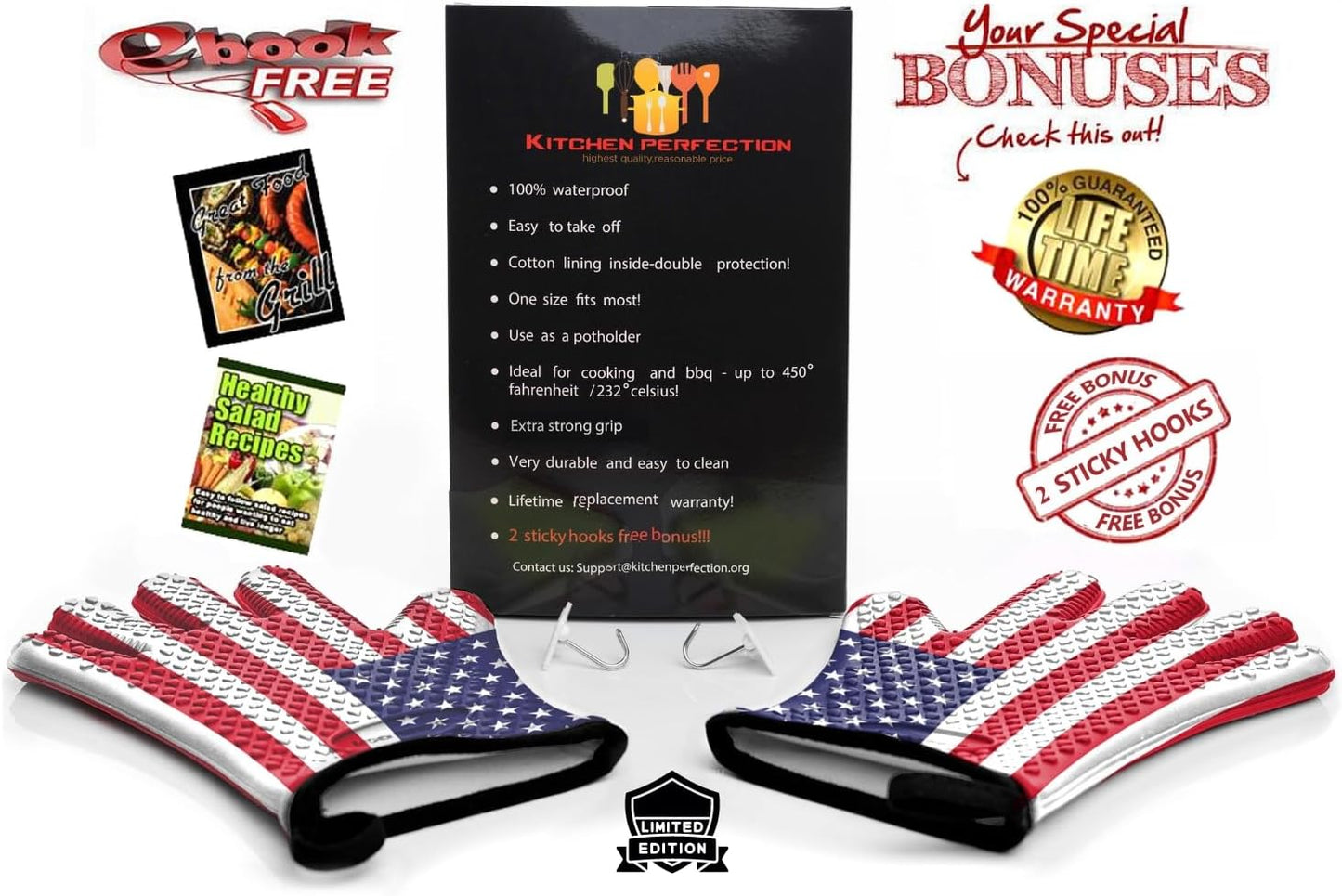 KITCHEN PERFECTION Silicone Smoker Oven Gloves -Extreme Heat Resistant BBQ Gloves -Handle Hot Food Right on Your Smoker Grill Fryer Pit|Waterproof Oven Mitts Grill Gloves |Superior Value Set+3 Bonuses
