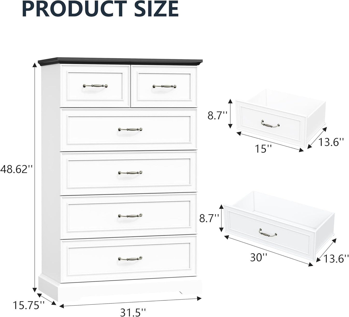 6 Drawer Dresser for Bedroom, 49" Tall Wooden Chest of Drawers, Rustic Farmhouse Dresser with Large Drawers & Metal Handles, Modern Storage Organizer for Closet, Living Room, Hallway, White