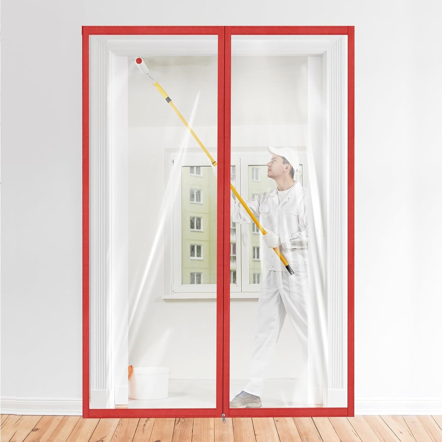 Amylove Zipper 60 x 102 Inch Dust Barrier Kit Red Edged Temporary Construction Door Barrier 5 x 8.5 ft Reusable Plastic Curtain Cover Containment Doorway Wall Screen Sheeting for Bathroom Hallway