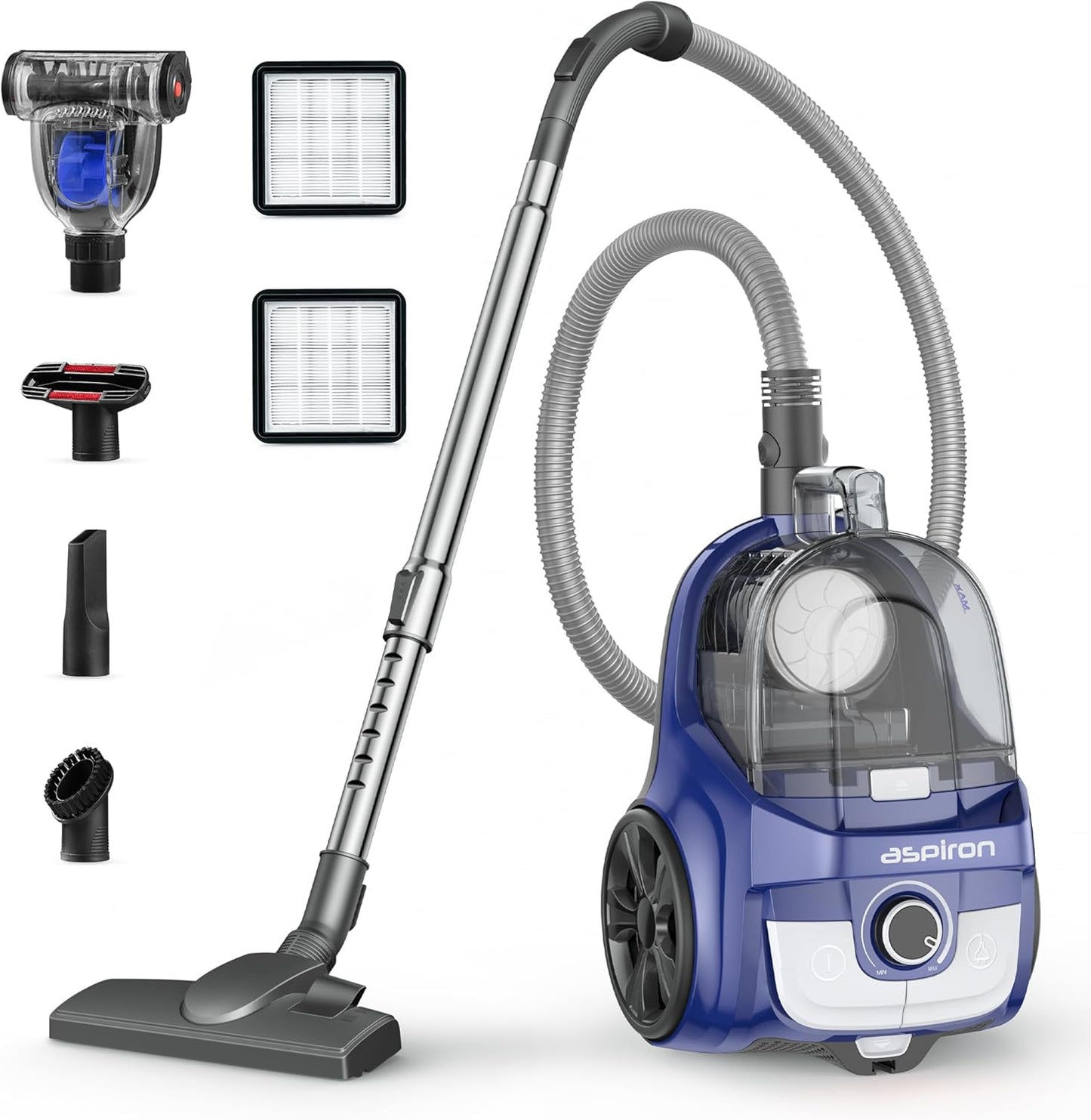 Aspiron Canister Vacuum, Upgraded 1600W Bagless Canister Vacuum Cleaner, Auto Cord Rewind, H13 HEPA Filter, 3.7Qt Large Capacity, 5 Tools for Hard Floors, Carpet, Pet, Upholstery, Tiles, Car, Navy
