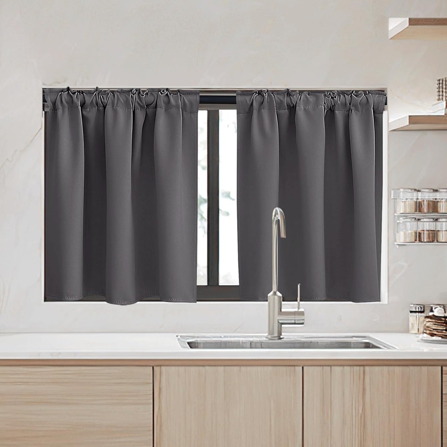 RYB HOME Small Window Curtains - Blackout Insualting Privacy Curtains for Kids Bedroom Kitchen Bathroom Basement Cafe Cabinet Tiers Drapes, 34 Width x 24 Length, 2 Panels, Grey