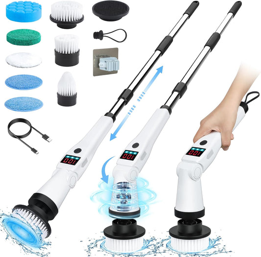 Electric Spin Scrubber, Shower Scrubber with Long Handle & 3 Speeds, 5200mAh Rechargeable Cordless Power Scrubber, Retractable & Adjustable Angle Spin Brush for Cleaning Bathroom/Tub/Floor/Tile