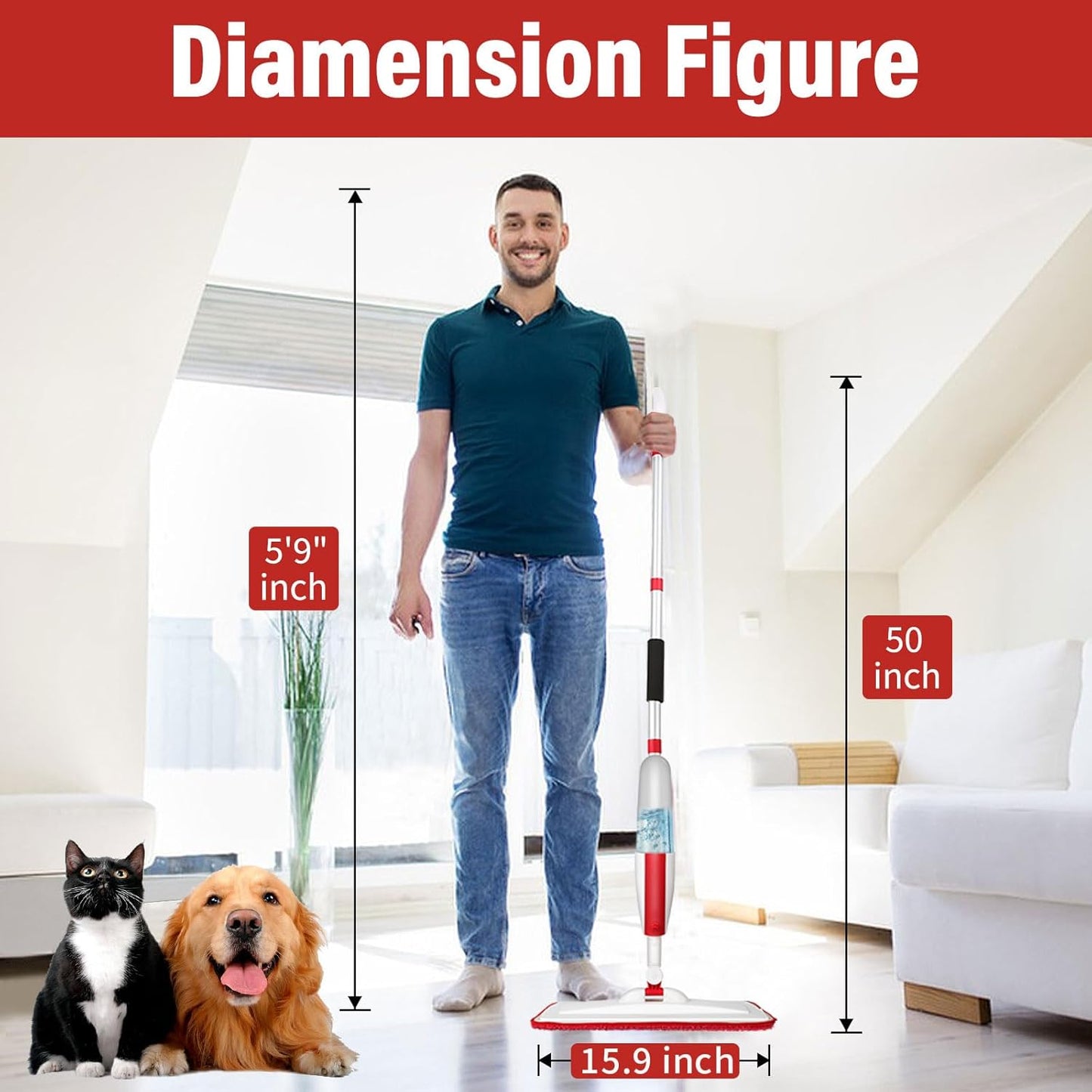 Spray Mops for Floor Cleaning Floor Mop with a Refillable Spray Bottle and 3 Washable Microfiber Pads Home or Commercial Use Dry Wet Flat Mop for Hardwood Laminate Wood (Purple)