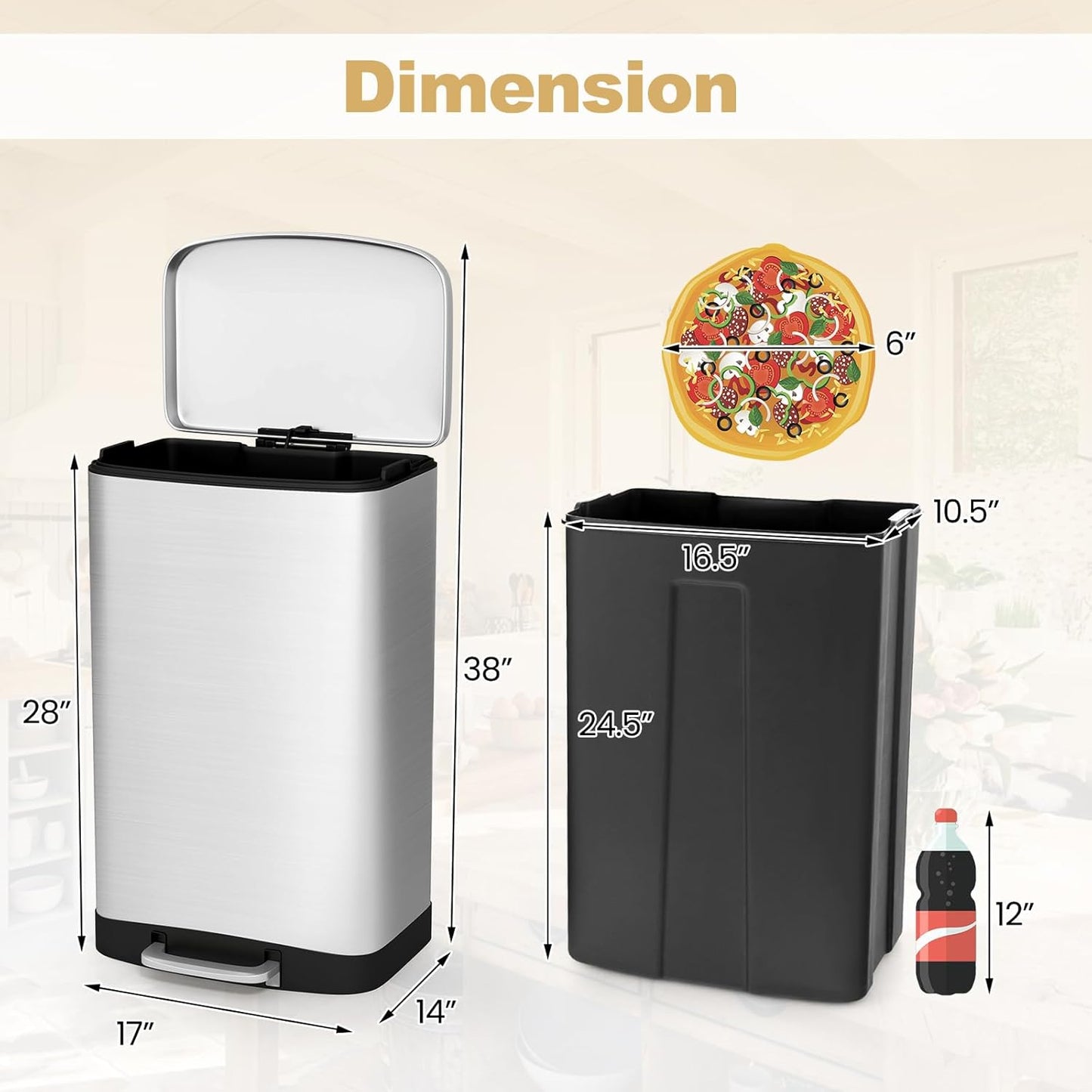 S AFSTAR 13.2 Gal Step Trash Can, 50 Liter Stainless Steel Pedal Trash Bin W/Lock Device & Soft Closing Lid, Recycling or Waste Bin, Rectangular Hand-Free Step-on Garbage Bin for Kitchen Home Office