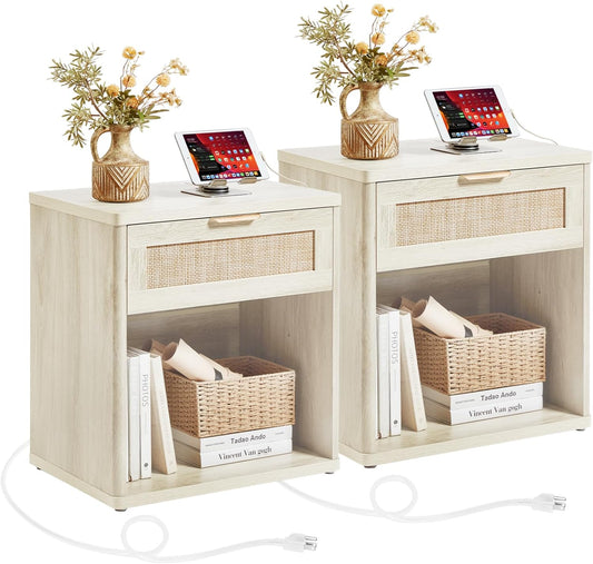 LEYAOYAO Rattan Nightstands Set of 2 with Charging Station, 23" Wide Boho Night Stand with Drawer, Grey White Bedside Table Open Cabinet, Bed Side End Table Dresser for Bedroom, Living Room, Hallway