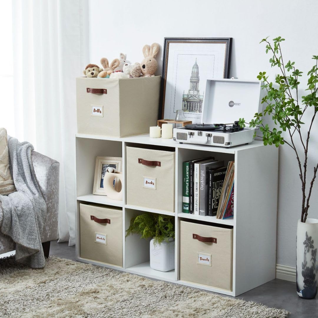 DECOMOMO Storage Baskets, 13x15x13 Storage Cube Bins with Labels for Organizing Shelves Kallax (Kallax / 4pcs, Beige)