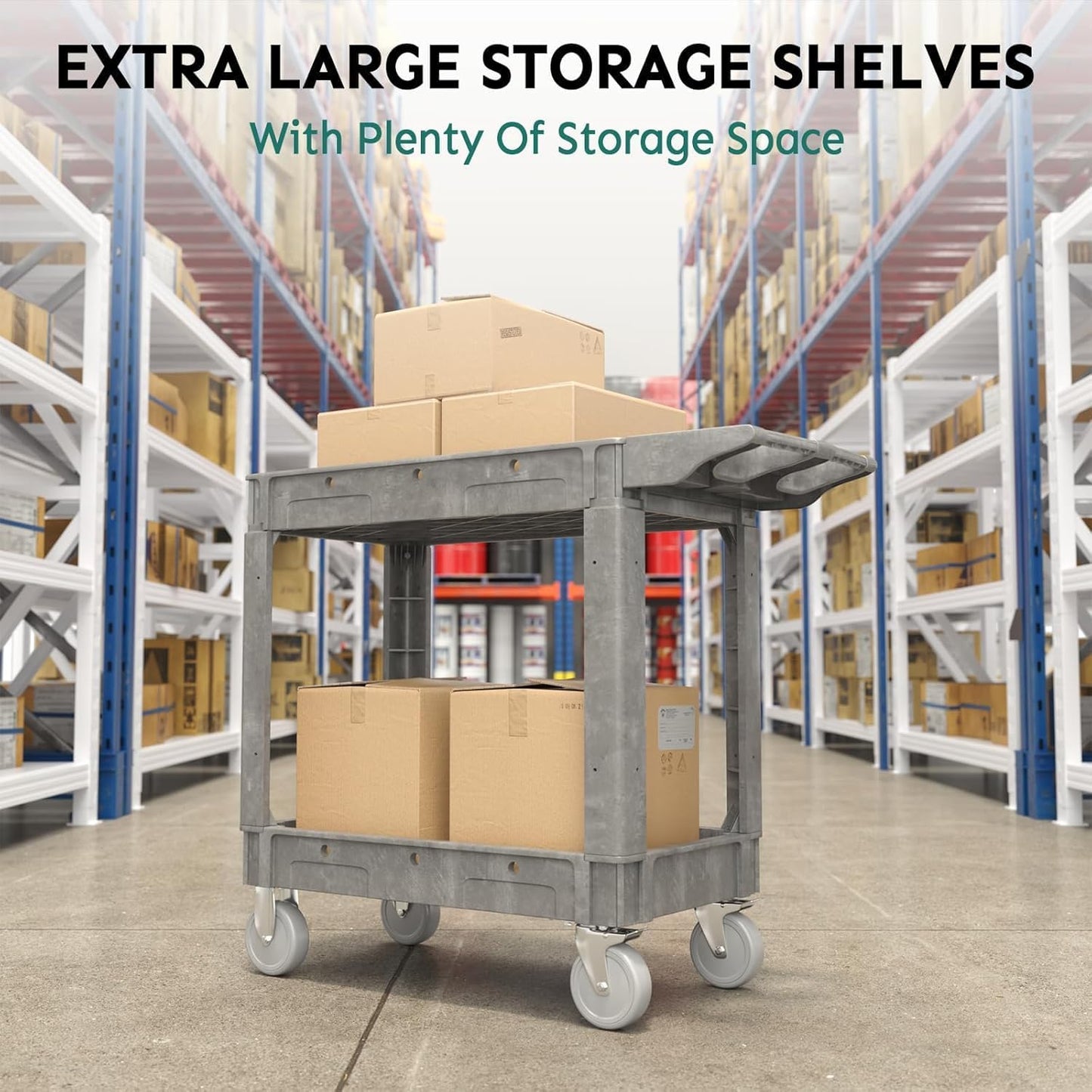 Utility Cart on Wheels, 1000 lbs Capacity Rolling Service Cart, 40 x 17 Inch Work Carts, 2 Shelf Heavy Duty Plastic Tool Cart, Lipped Shelves, for Warehouse, Garage, Cleaning, Gray