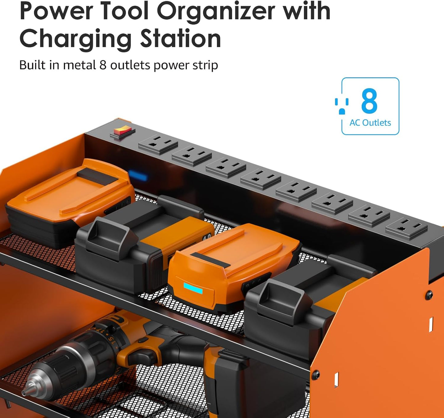 CCCEI Set Power Tool Organizer Wall Mount with Charging Station. Garage 4 Drill Storage Shelf with Hooks, Heavy Duty Metal Tool Battery Charger Organizer. Shop Utility Rack with Power Strip Orange.