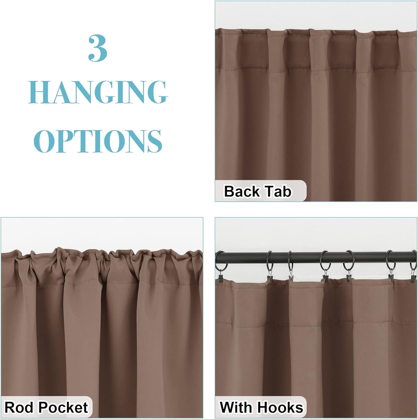 RYB HOME Kitchen Window Curtains - Blackout Privacy Half Window Curtains for Bedroom Bathroom Dining Living Room Cafe Office Short Tiers Drapes, W 34 x L 36 inches, 2 Panels, Mocha
