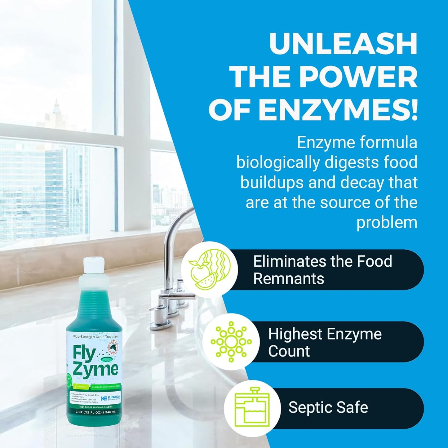 Kinzua Environmental Fly-Zyme, Highly Concentrated Enzyme Drain Cleaner for Pipes & Fruit Flies, Citronella Scented Organic Waste Degrader & Odor Neutralizer, 32 fl oz