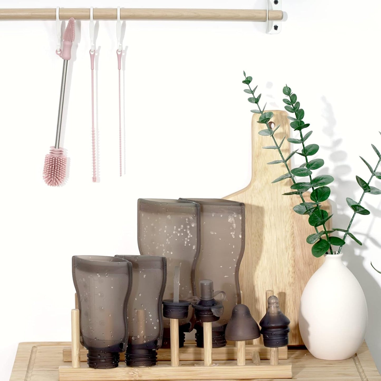 Haakaa Silicone Cleaning Brush Kit - Baby Bottle Brush Cleaner for Breast Pump,Nipple,Breast Milk Storage Bag,Reusable Straw,Sippy Cup - Food Grade Silicone Bristles, Portable - 3 Pcs - Pink