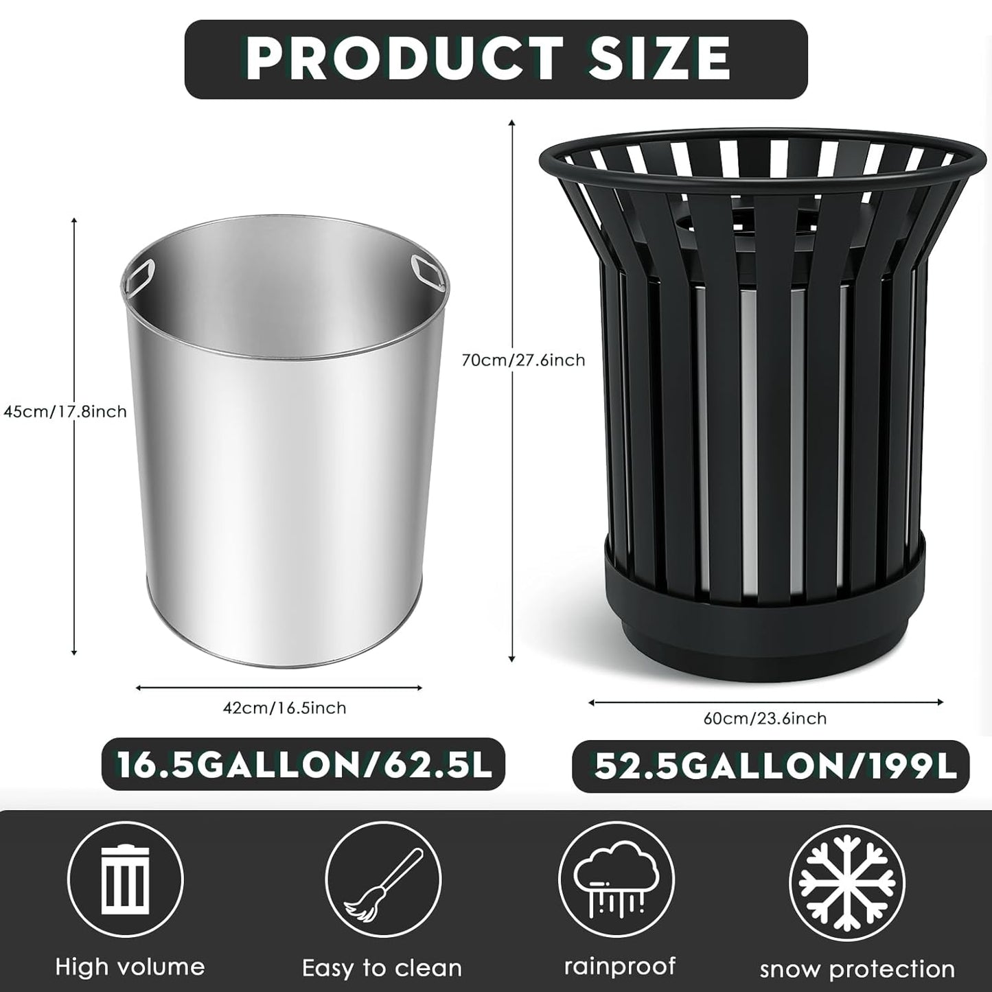 17Gallon Round Large Outdoor Trash Can, Heavy Duty Metal Slatted Garbage Can Outdoor, All Weather Resistant Commercial Garbage Cans, Waste Receptacle in Park, School, Beach, Patio (Black, Large)