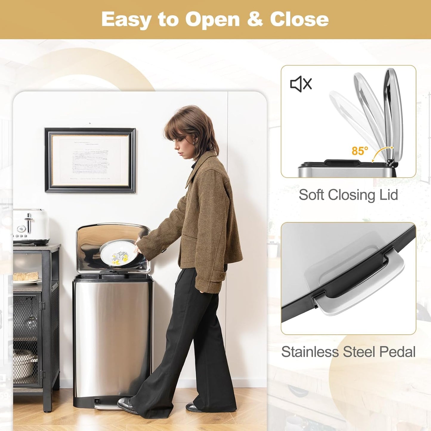 S AFSTAR 13.2 Gal Step Trash Can, 50 Liter Stainless Steel Pedal Trash Bin W/Lock Device & Soft Closing Lid, Recycling or Waste Bin, Rectangular Hand-Free Step-on Garbage Bin for Kitchen Home Office