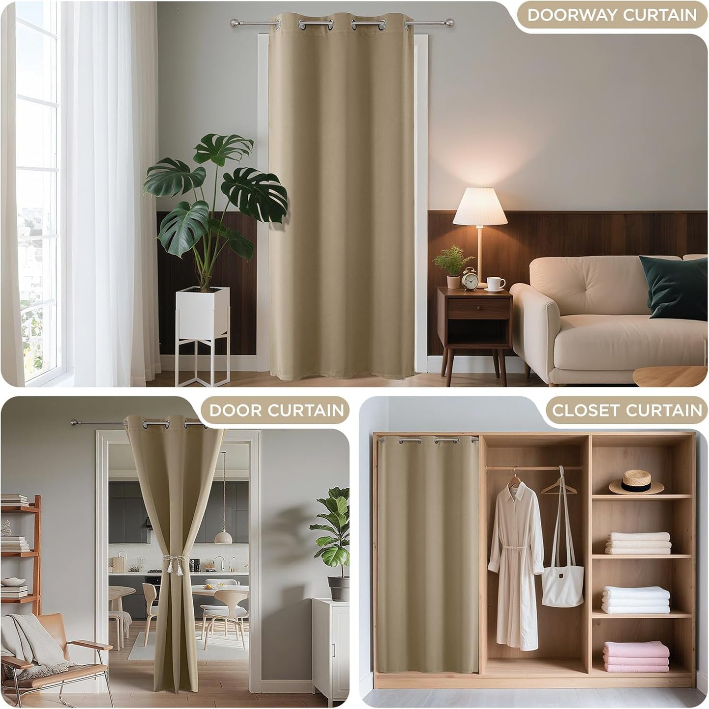 Joydeco Blackout Door Curtain for Doorway Privacy 78 Inches Long, Grommet Closet Curtain for Open Closet, Room Divider for Bedroom Living Room (Light Beige, 40Wx78L, 1 Panel)
