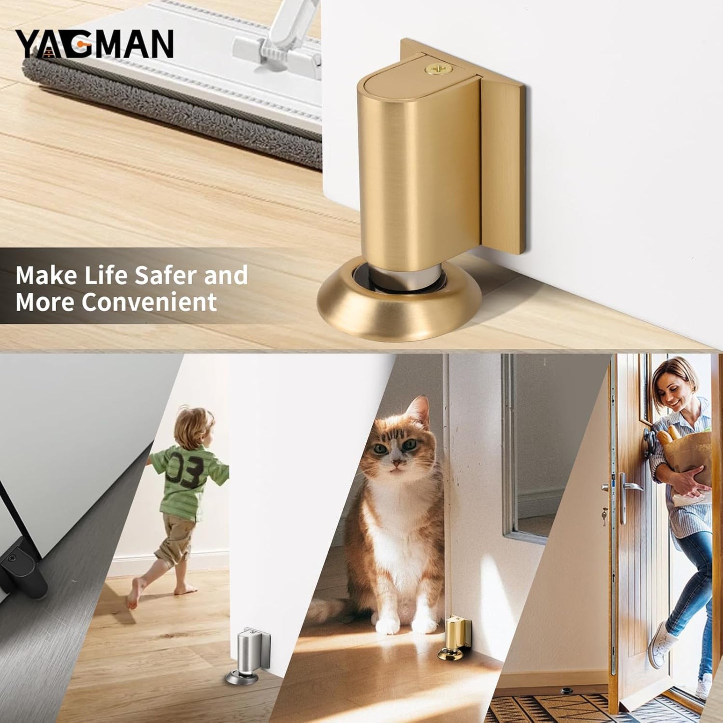 1 Pack Magnetic Door Stoppers Retractable Bottom of Door Holder No Drilling Mount Floor Door Stop with Screws and Adhesive Catch Door Keep Door Open Brushed Gold BG-1