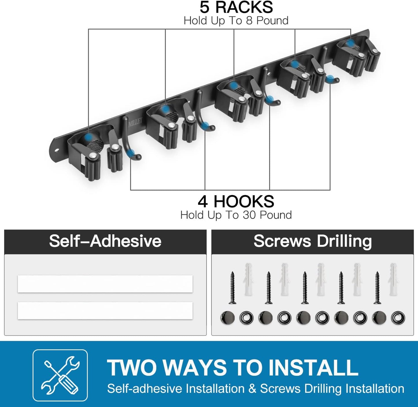 IMILLET 2 Pack Broom and Mop Holder Wall Mounted, Broom Holder Stainless Steel Broom Organizer Heavy Duty Tools Organizer Self Adhesive for Laundry Room Garage Garden（5 Racks and 4 Hooks）