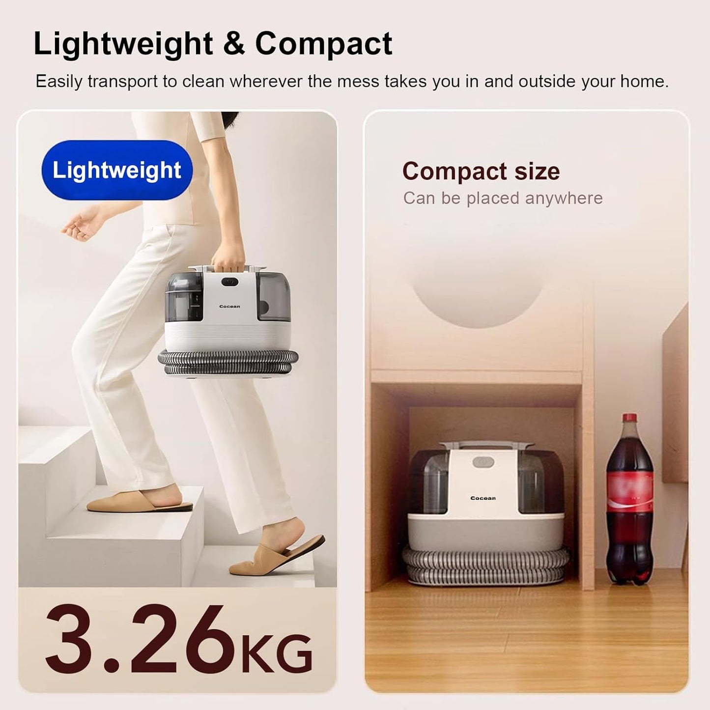 COCEAN Multi-Purpose Portable Carpet and Upholstery Cleaner, Carpet Cleaner Machine Powerful Suction Spot Cleaning, Deep Stain Cleaning for Carpet, Car Seats, Pets, Couches, with BrushHead