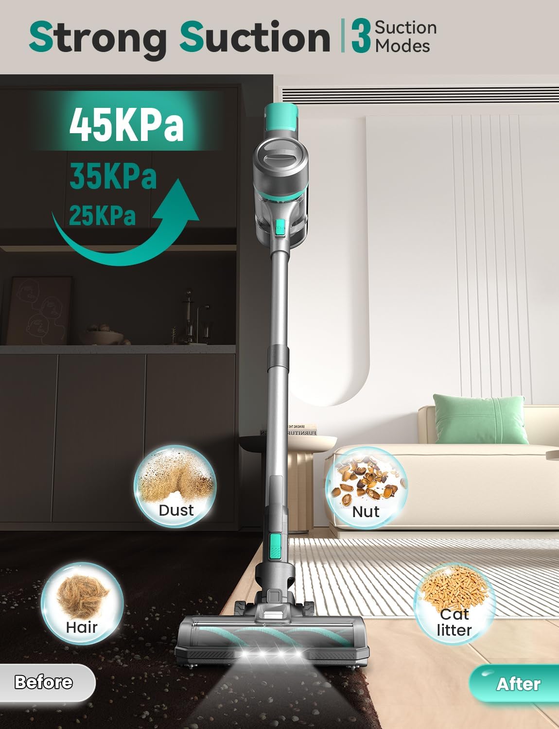 DEVOAC S10K Cordless Vacuum Cleaner, 45Kpa 50mins Lightweight Stick Vacuum with Powerful Suction for Home, Rechargeable, Self-Standing, Handheld Vacuum Cleaners for Hardwood Floors, Carpets, Pet Hair