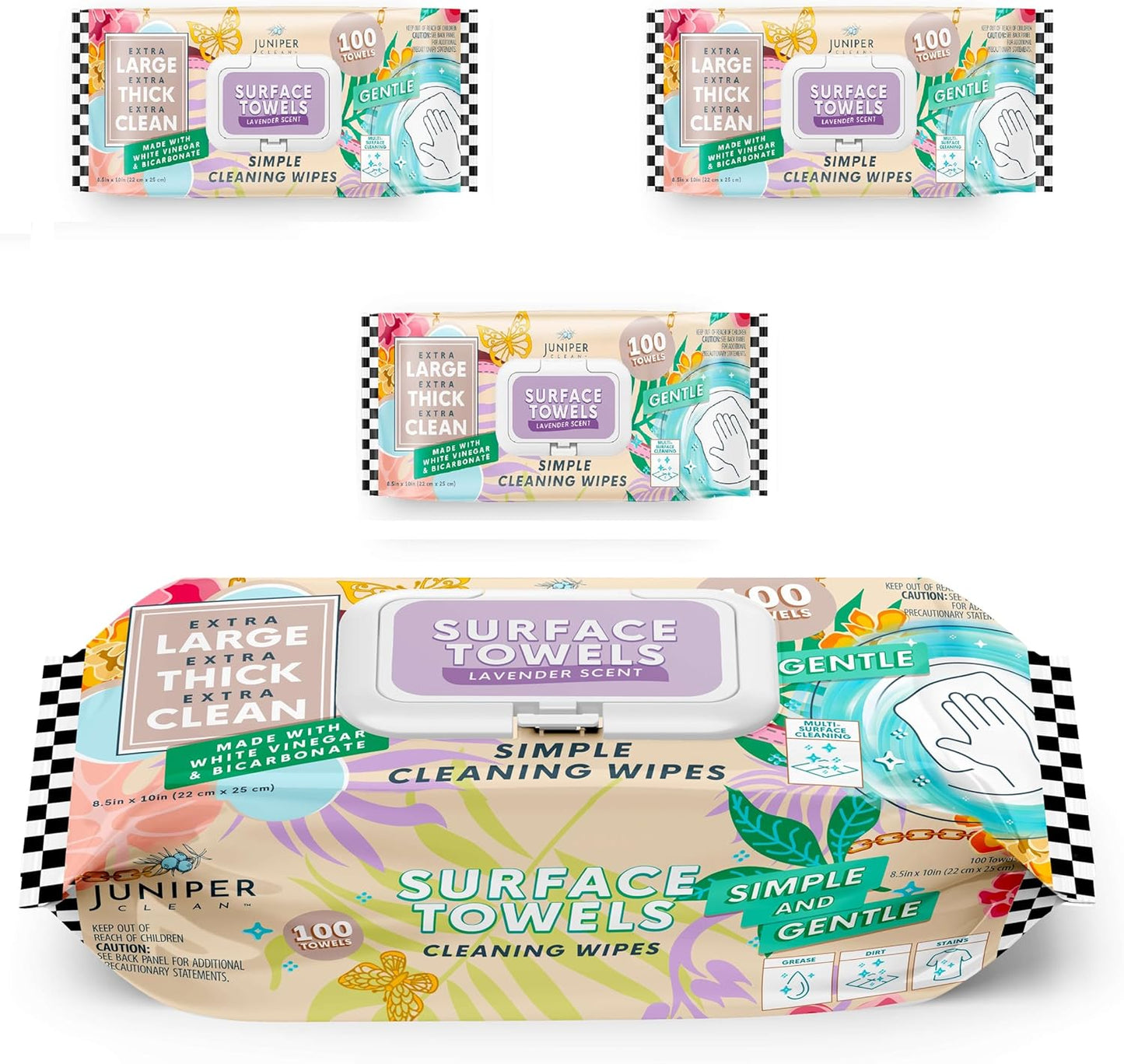 3 Packs Surface Cleaning Wipes Bleach Free, Thick & Large Dispose, All-Purpose Cleaner for Bathroom, Kitchen, Office, 300 Count Soft Flow, Biodegradable, Lavender Scent