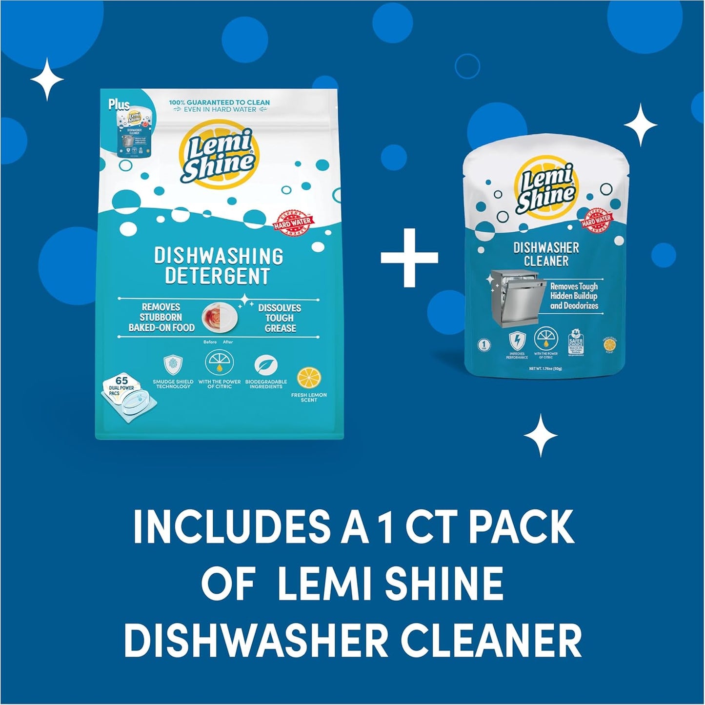Lemi Shine Natural Dishwasher Detergent Pods with Dishwasher Cleaner Pouch - Eco Friendly Cleaning Supplies - 31.8 oz (65 Count)