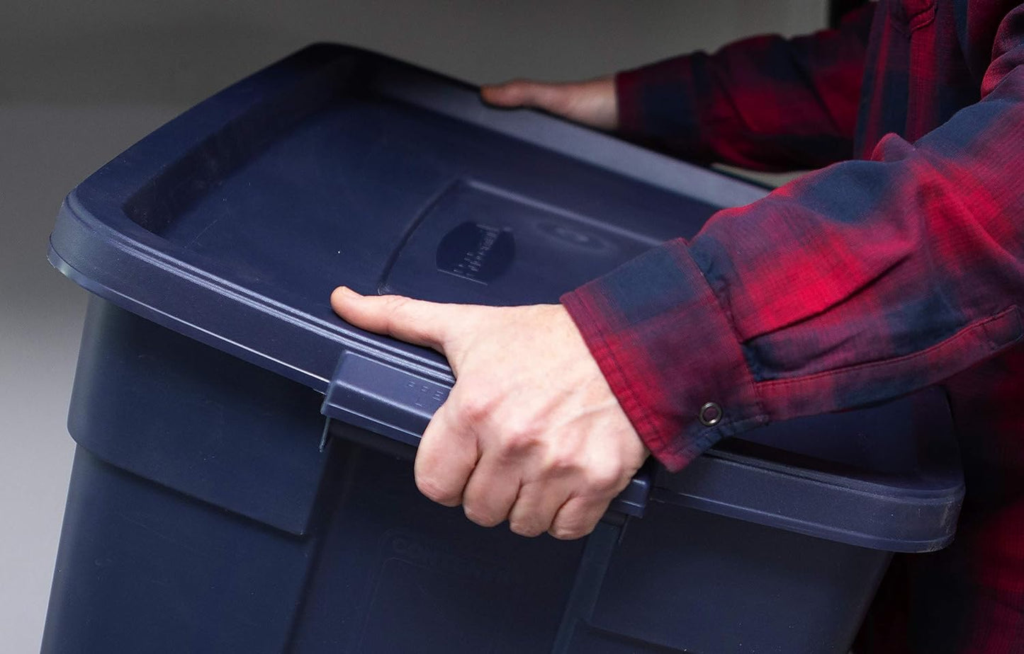 Rubbermaid Roughneck Tote 25 Gal, 4 Pack, Made in USA, Dark Indigo Metallic, Rugged Plastic Stackable Storage Bins with Lids and Handles