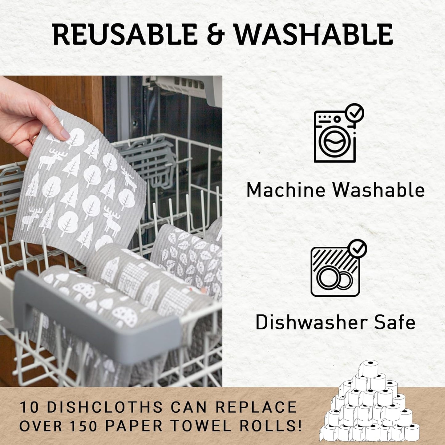 Nordhus Design Swedish Dishcloths,10 Grey Cloths, Made in Sweden - Reusable, Washable Cellulose Cotton Kitchen Cloths - Replace Paper Towels, Wipes, Sponges, Dish Rags