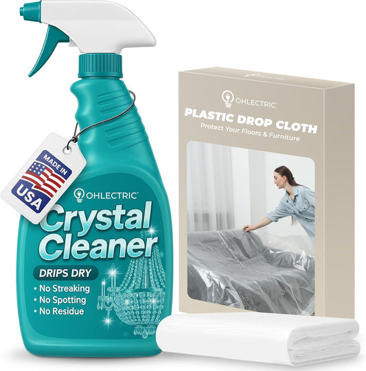 Crystal Chandelier Cleaner Spray Kit & Plastic Drop Cloth for Protection (32 oz) Drips Dry - No Spotting No Residue No Streaking Crystal Glass Spray Antique Chandeliers, All-Purpose Spray Cleaning Kit