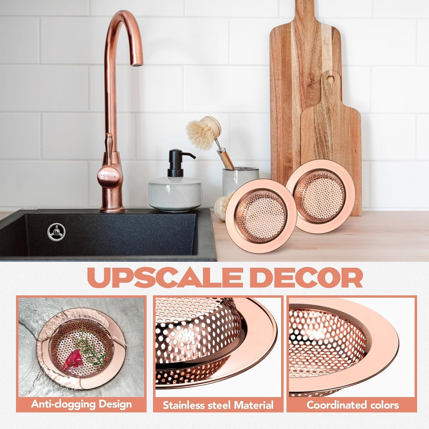 Retisee 2 Pcs Sink Strainer Stainless Steel Kitchen Sink Drain Strainer Basket Cover Mesh Hair Food Catcher, Large Wide Rim of 4.4 Diameter(Rose Gold)