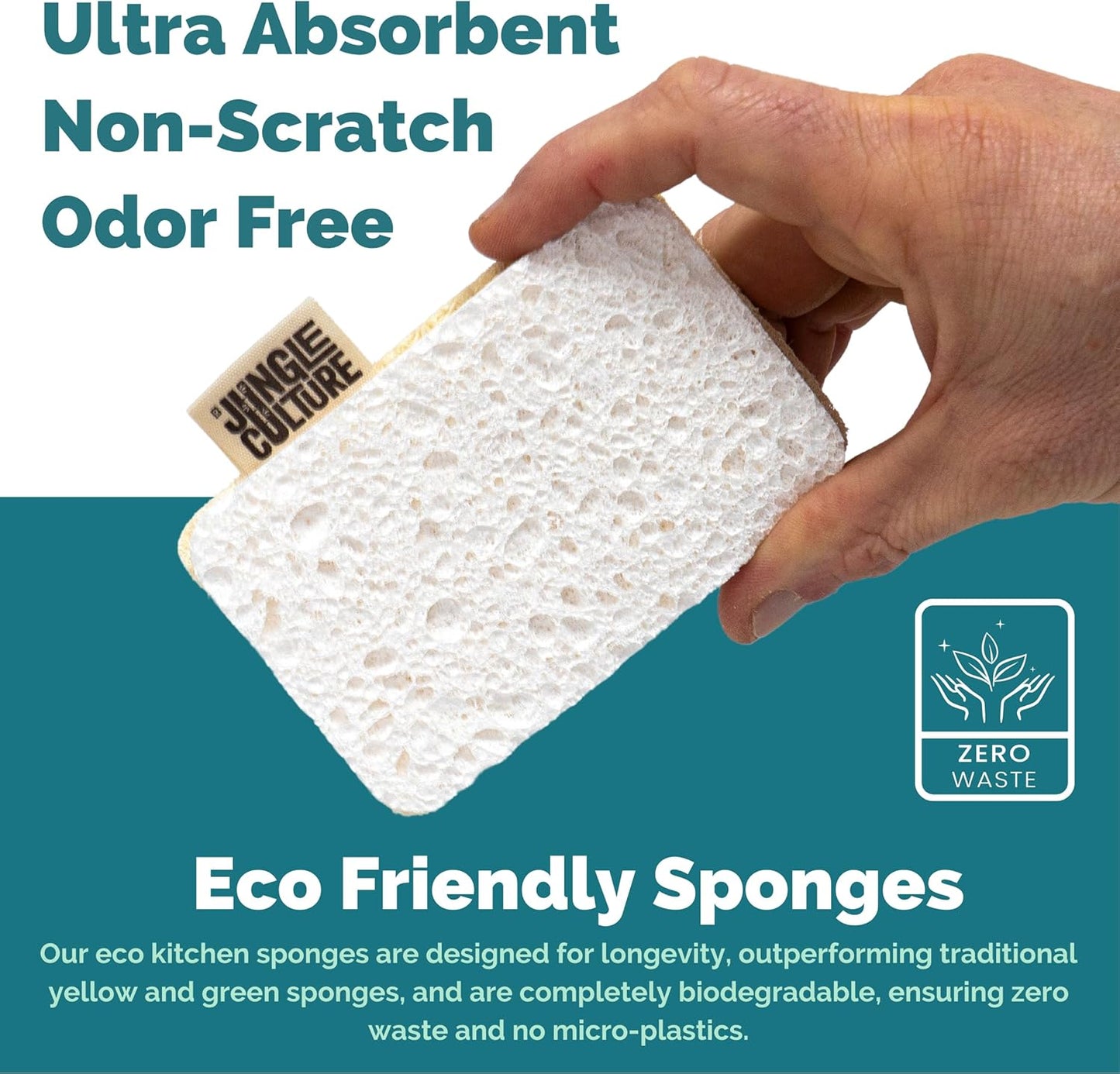 Jungle Culture Eco Sponge Set of 4 • Eco Friendly Natural Dishwashing Sponges • Non-Scratch, Biodegradable & Durable • Double Sided Loofah Kitchen Scourer • Compostable & Reusable Washing Up Sponges