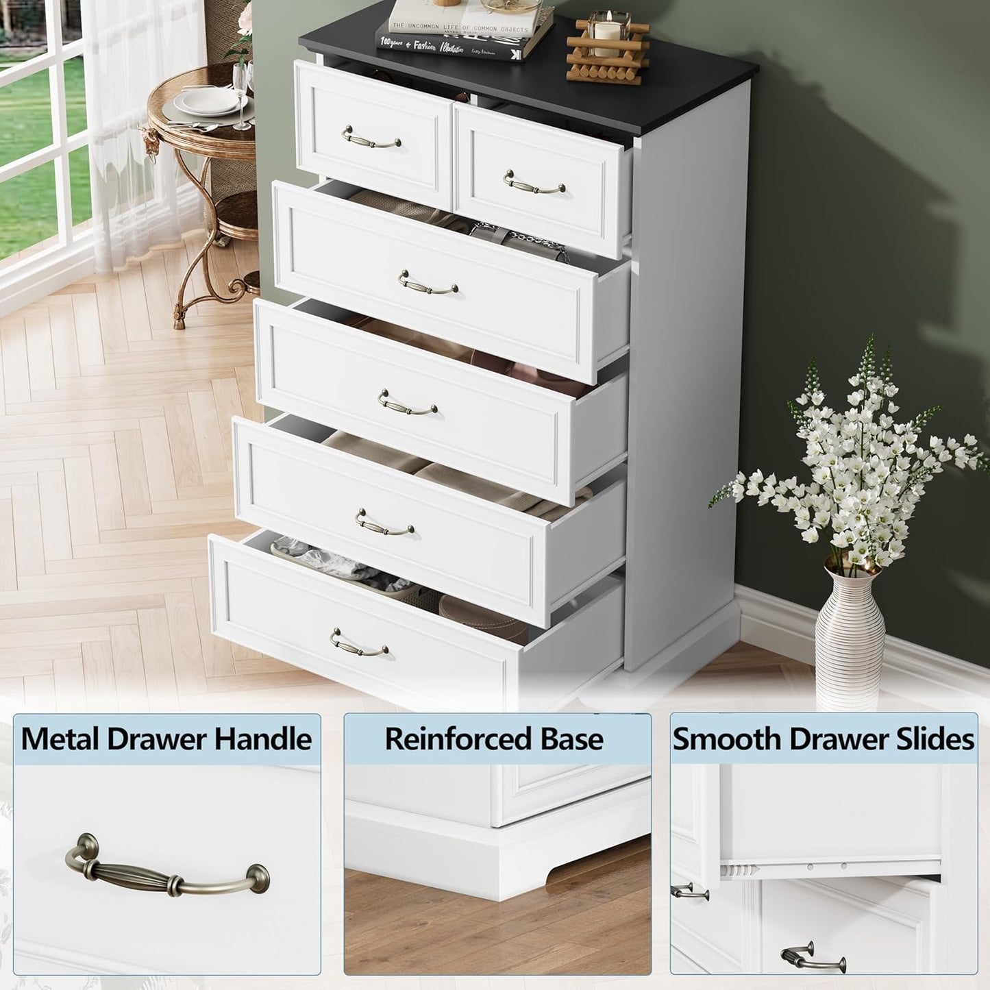6 Drawer Dresser for Bedroom, 49" Tall Wooden Chest of Drawers, Rustic Farmhouse Dresser with Large Drawers & Metal Handles, Modern Storage Organizer for Closet, Living Room, Hallway, White