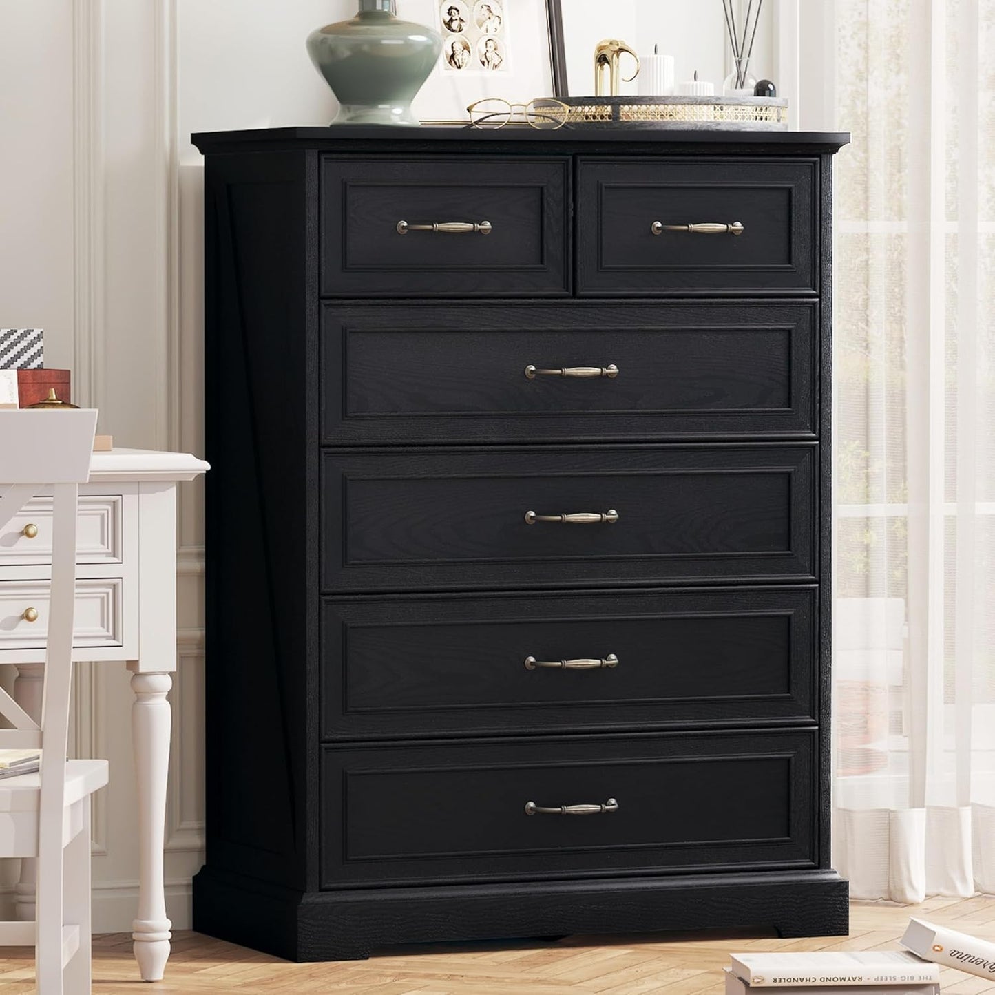 6 Drawer Dresser for Bedroom, 43" Tall Wooden Chest of Drawers, Rustic Farmhouse Dresser with Large Drawers & Metal Handles, Modern Storage Organizer for Closet, Living Room, Hallway, Black