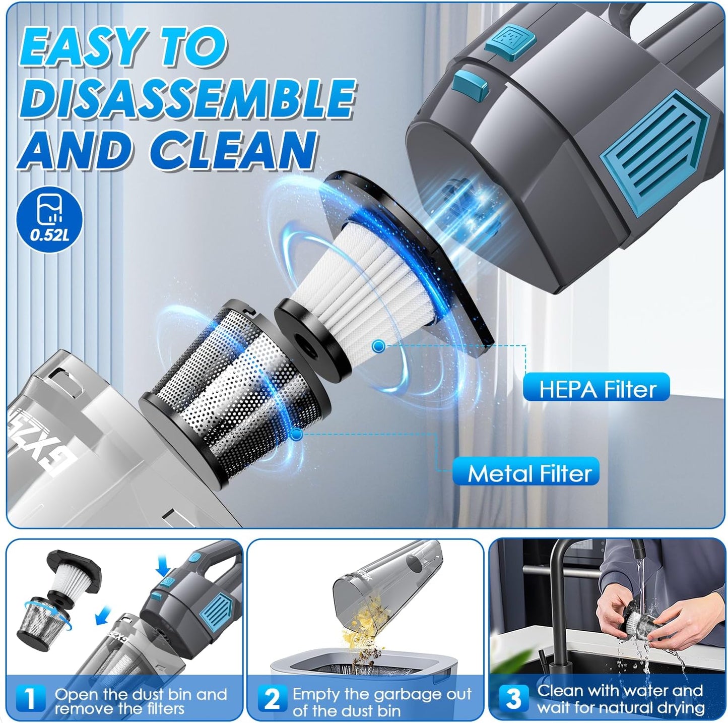 Handheld Vacuum Cordless, 15000PA Strong Suction Hand Held Car Vacuum Cleaner Rechargeable, Portable Hand Vacuum with Multi-Nozzles & Washable Filter for Home Office, Car, Pets