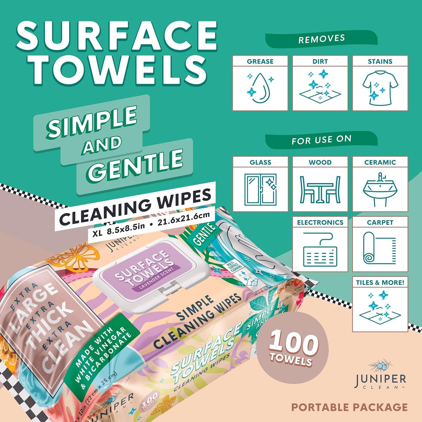 Single Surface Cleaning Wipes Bleach Free, Thick & Large Dispose, All-Purpose Cleaner for Bathroom, Kitchen, Office, 100 Count Soft Flow, Biodegradable, Lavender Scent