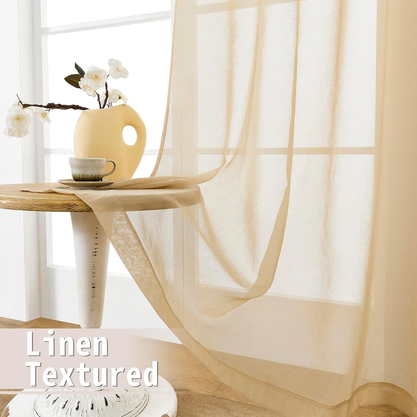 Tollpiz Sheer Door Curtains Closet Linen Textured Curtains Sheer Doorway Light Filtering Voile Rod French Door Pocket Curtain Patio Glass Door, 25 x 72 inches Long, Beige, Set of 1 Panel