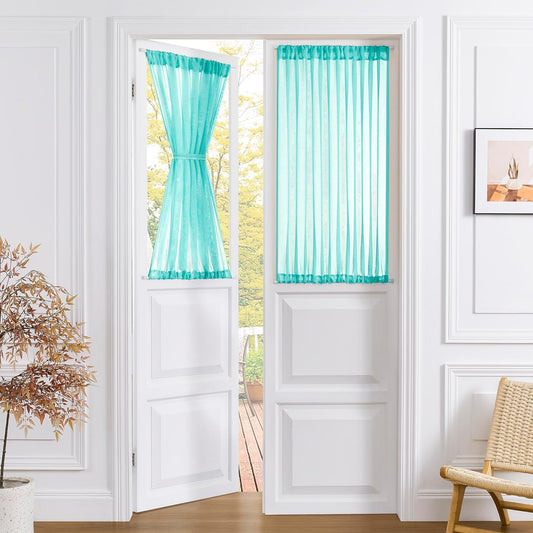 Tollpiz Small Sheer Door Curtain Closet Linen Textured Curtain Sheers Doorway Light Filtering Voile French Door Rod Pocket Curtains Patio Door, 25 x 40 inches Long, Aqua Blue, Set of 1 Panel