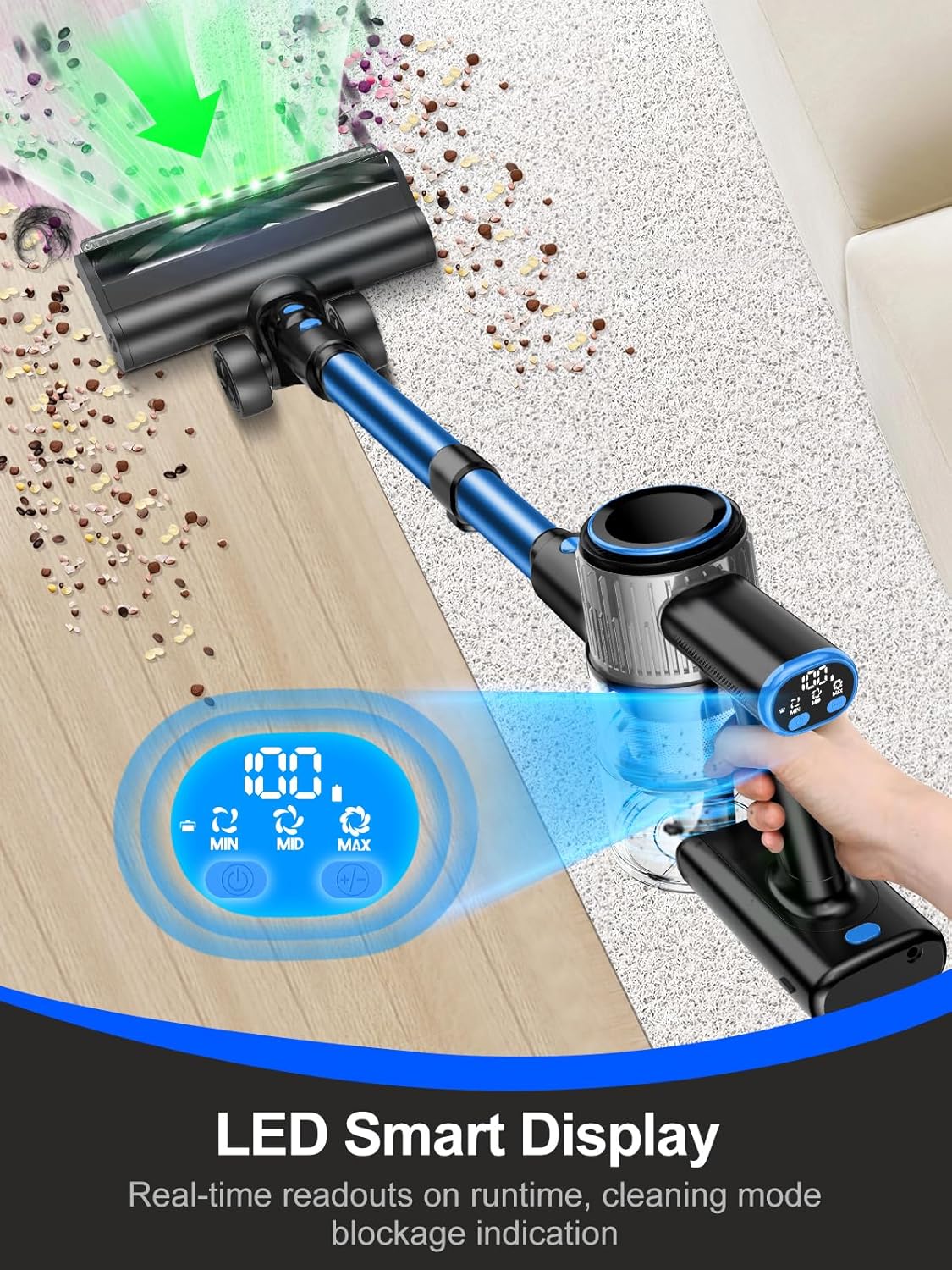 Cordless Vacuum Cleaner, 8-in-1 Vacuum Cleaners for Home, 45Mins Runtime, Anti-Tangle Stick Vacuum with LED Display, Rechargeable Lightweight Vacuum for Pet Hair/Carpet/Floor (Blue)