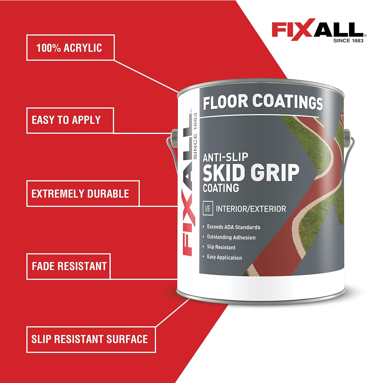 FIXALL Skid Grip Anti-Slip Coating, 1 Gallon, Crimson, Exceeds ADA Standards, Ideal for Safety Areas, Slip-Resistant Pavement, Cement & Concrete Paint