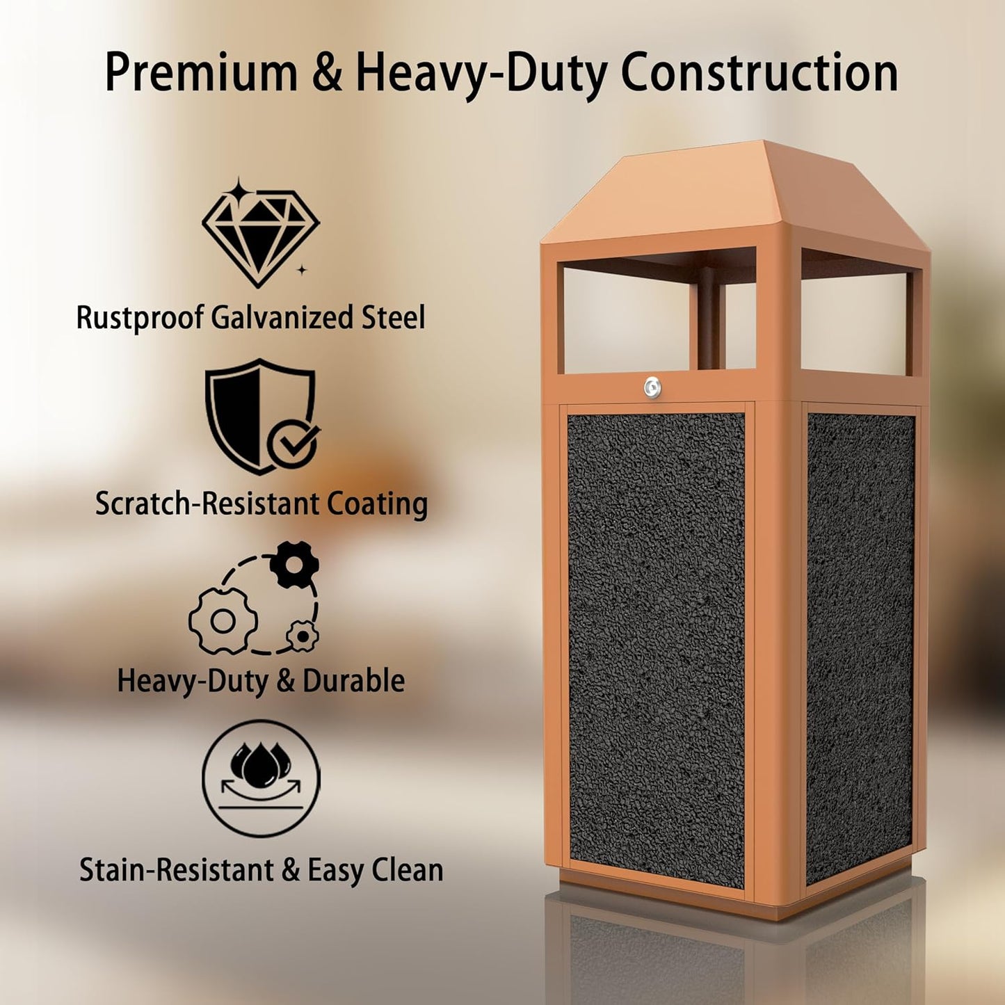 Commercial Metal Outdoor Trash Can with Lid, Lockable Outdoor Garbage Can with Nature Stone Panels, Heavy-Duty Rustproof Trash Bin with Removable Liner for Parks & Public Spaces