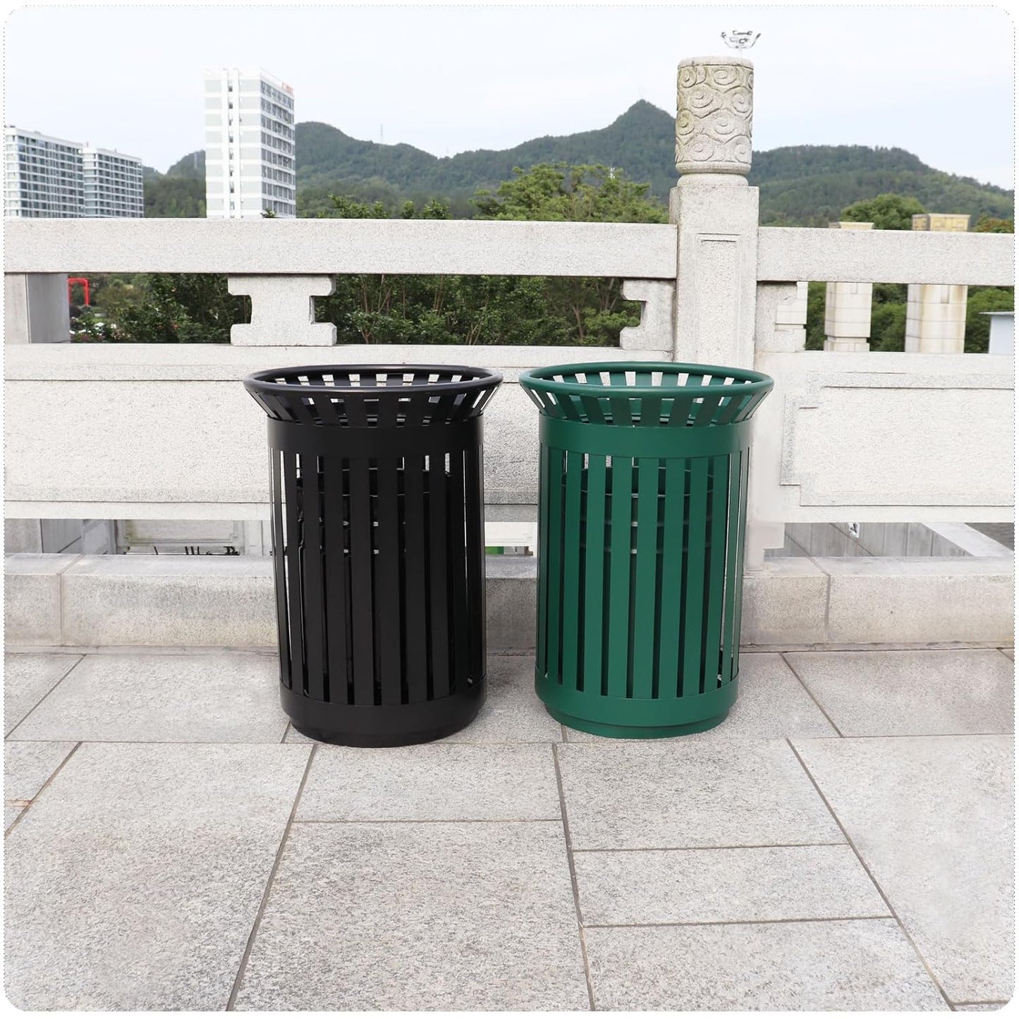 Outdoor Metal Slatted Trash Receptacle,Waste Receptacle，Commercial Trash Cans,Zone Round Garbage Bin,Square Hotel Street Patio Indoor Metal Stan (Big-Black)